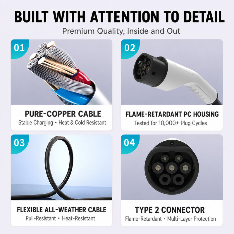 Type 2 EV Charging Extension Cable 7kW 32A – Male to Female Dual-Head Connector for Slow Charging with Custom Length Available