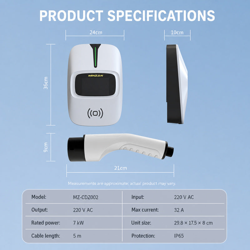 Minzan 7kW Type 2 EV Charger 16A – EU Standard Home Charging Station with IP55 Waterproof Protection