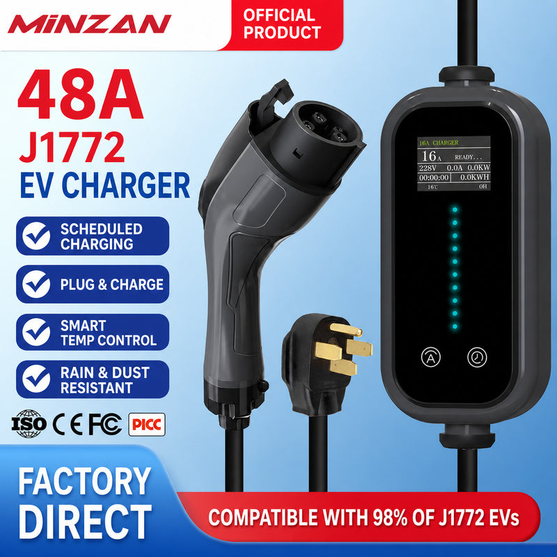 J1772 EV Charger 16A/48A – US Standard Home Charging Gun with Adjustable Current, Wholesale for Global Export