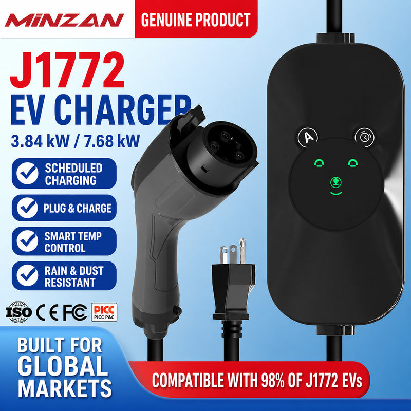 Minzan J1772 EV Charger 16A/32A 7.68kW – US Standard Home Charging Station with LED Display, IP66 Waterproof & Flame-retardant Shell