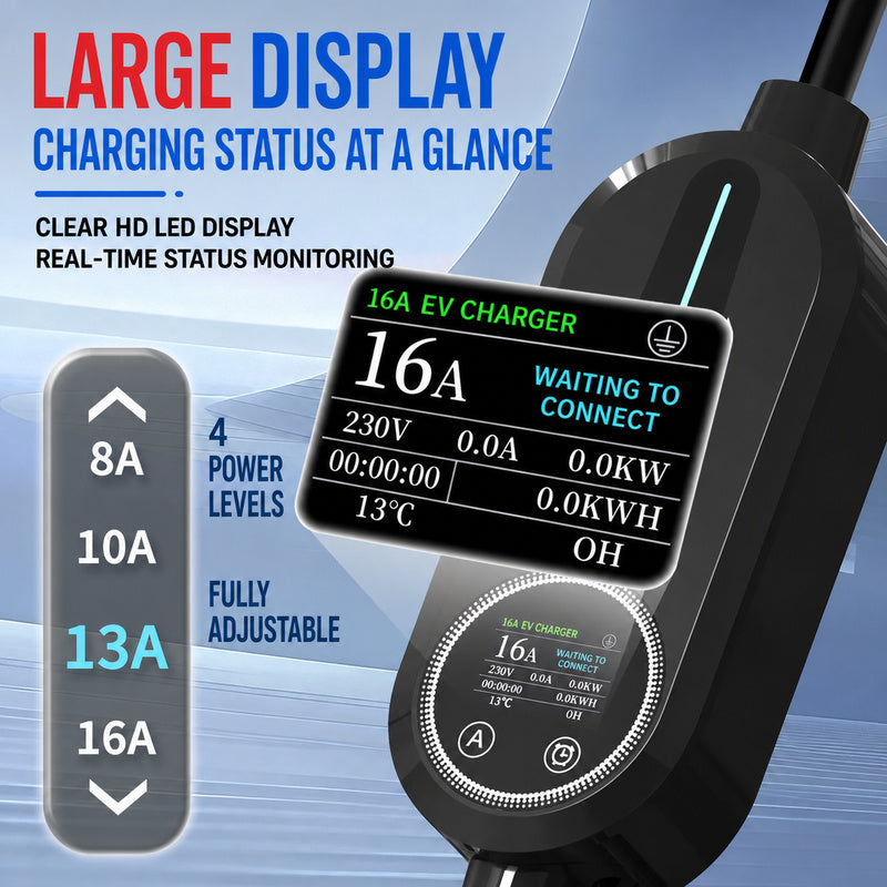 J1772 Portable EV Charger 16A/48A – US Standard Home Charging Gun with Adjustable Current for All Electric Vehicles