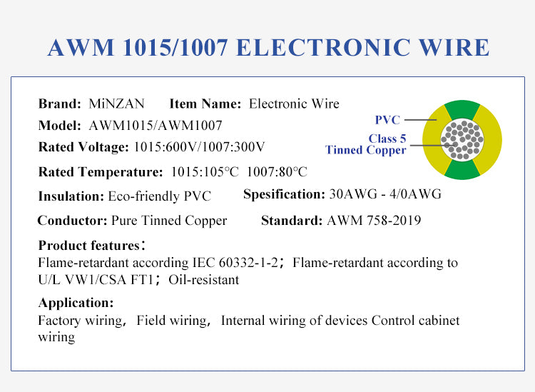 AWM UL1015 1007 16Awg 18Awg 20Awg 26Awg 22Awg 24Awg Appliance Hook-Up Internal Wiring 600V Pvc Tinned Copper Electrical Wire Cable