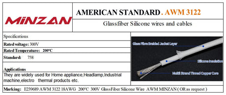 Awm 3122 Glass Fibre Silicon Fiberglass Wire 200 Degree VW-1 FT1 300V 16AWG 18awg 20awg 22awg Silicone Insulated Wire Cable