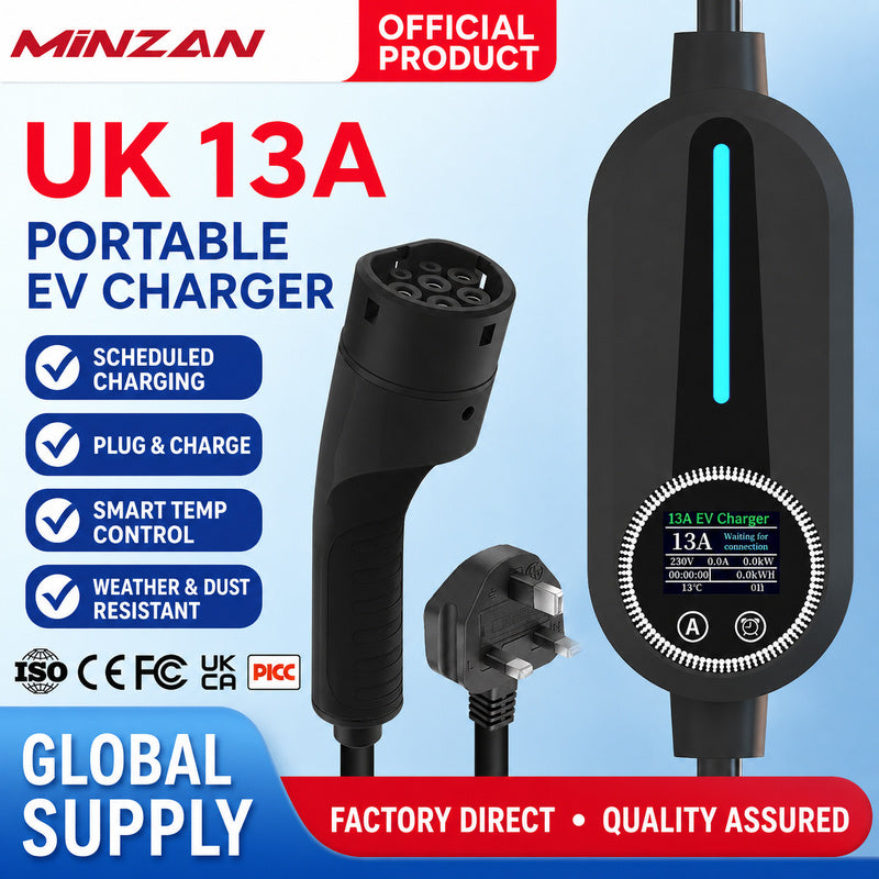 UK Standard 13A Portable EV Charger – British Plug Charging Gun for Electric Vehicles, Home Mobile Connector