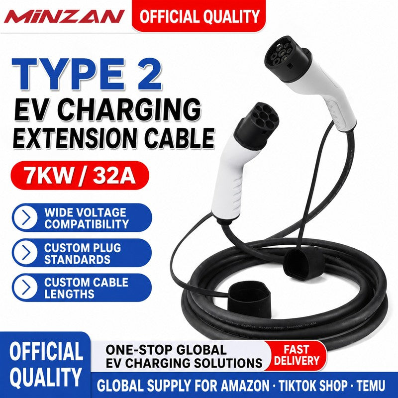 Custom Type 2 EV Extension Cable 32A 7kW – Male to Female Charging Gun with OEM Length Customization for Slow Charging