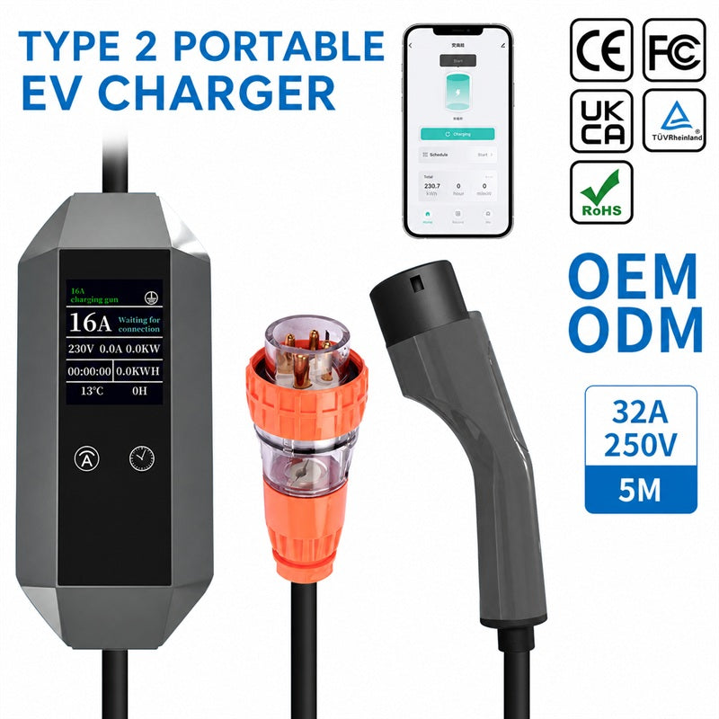 Type 2 Portable EV Charger 32A 7kW – EU Standard AC Charging Gun with AU Industrial Plug for Electric Vehicles