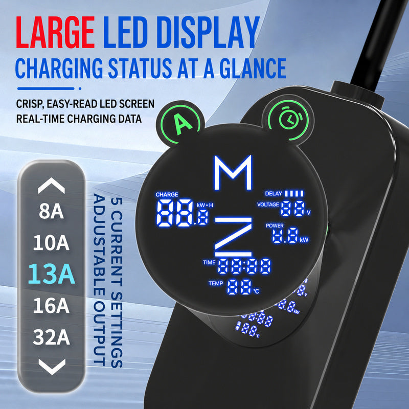 J1772 EV Charger 16A/32A 7.68kW – US Standard Home Charging Station with LED Display, IP66 Waterproof & Flame-retardant Shell for Global Export