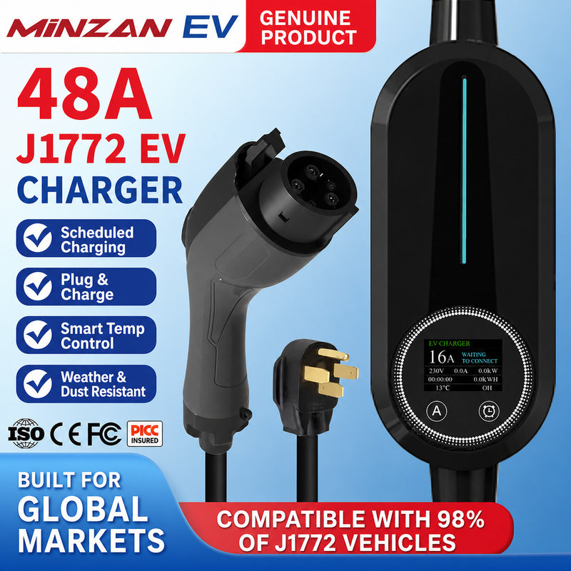 J1772 Portable EV Charger 16A/48A – US Standard Home Charging Gun with Adjustable Current for All Electric Vehicles