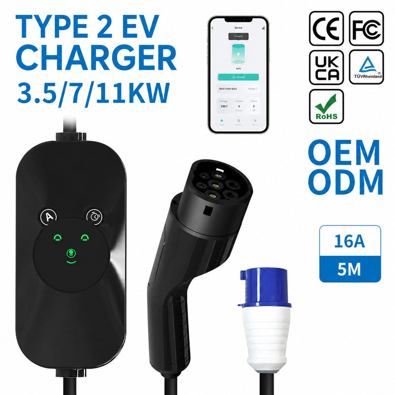 Custom Type 2 Portable EV Charger 16A 7kW – EU Standard Charging Gun with OEM LOGO Customization for Home & Travel