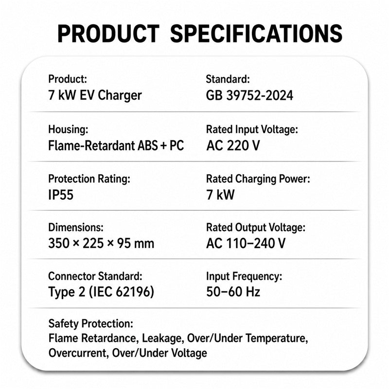 Custom Type 2 EV Charger 7kW – EU Standard Home Charging Station with OEM LOGO Customization for All Electric Vehicles